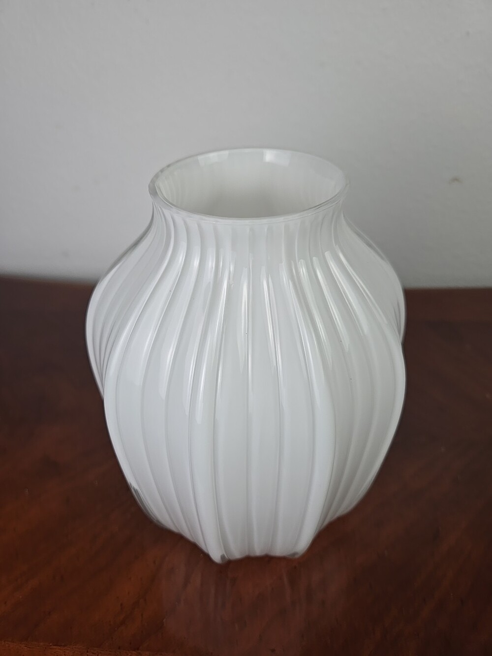 Artisan Glass White Cased Glass Vase Ribbed Optic Large Bulbous Modern Decor